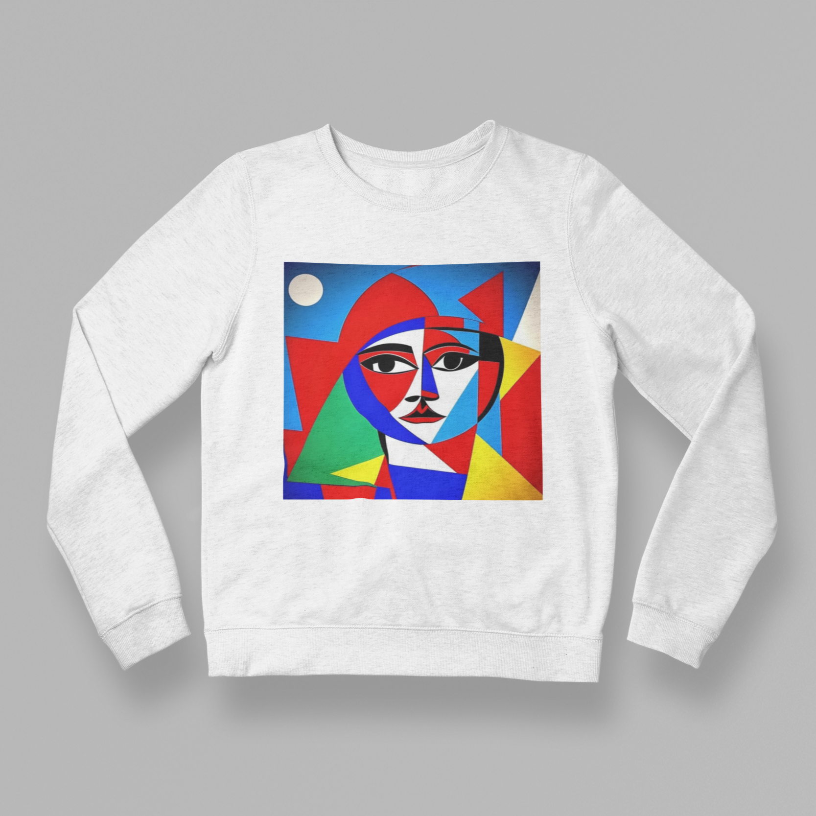 K#419 - Cubist Muse Sweatshirt – Abstraktes Gesichterdesign in Primärfarben | Kirrify