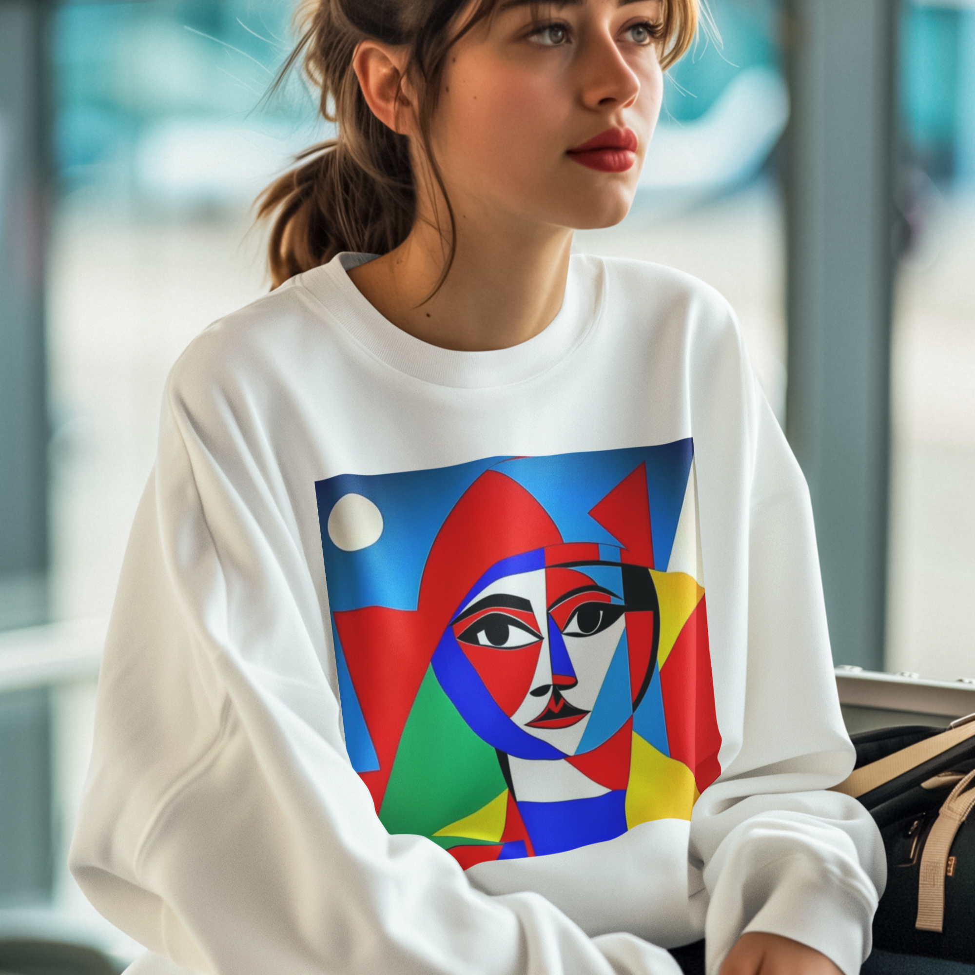 K#419 - Cubist Muse Sweatshirt – Abstraktes Gesichterdesign in Primärfarben | Kirrify
