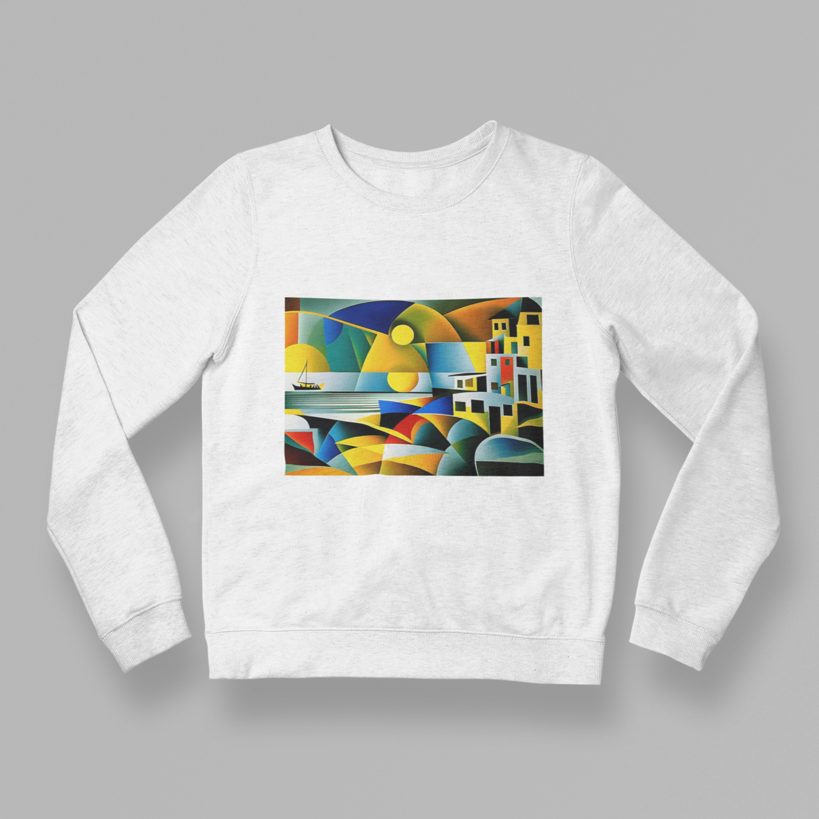 K#425 - Cubist Coast Sweatshirt – Moderne Kunst mit mediterranem Flair | Kirrify