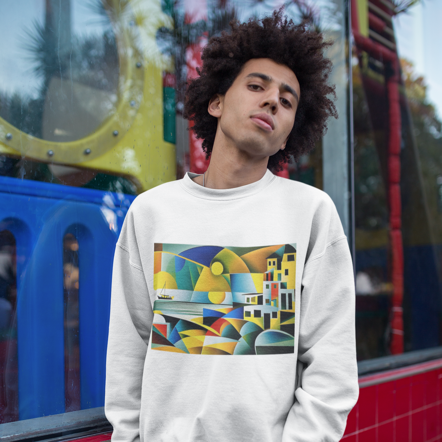 K#425 - Cubist Coast Sweatshirt – Moderne Kunst mit mediterranem Flair | Kirrify