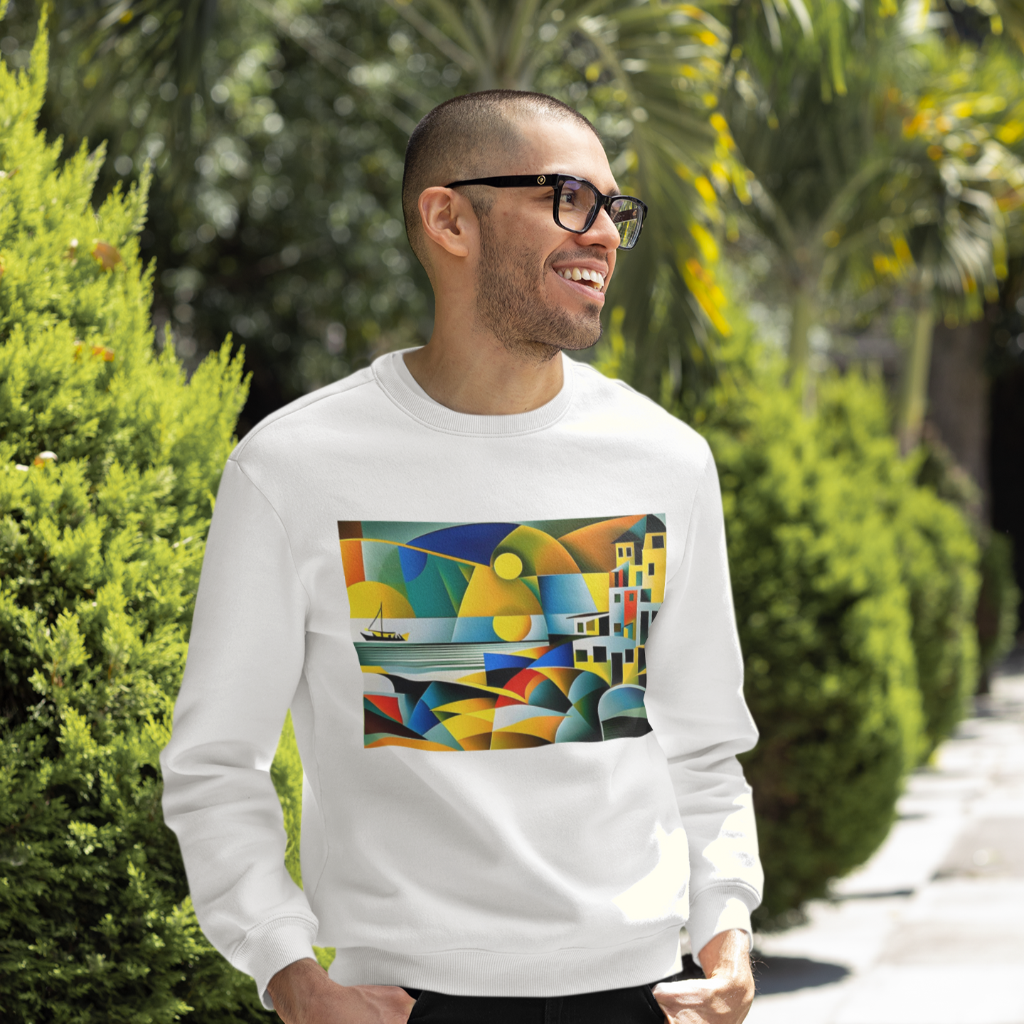 K#425 - Cubist Coast Sweatshirt – Moderne Kunst mit mediterranem Flair | Kirrify