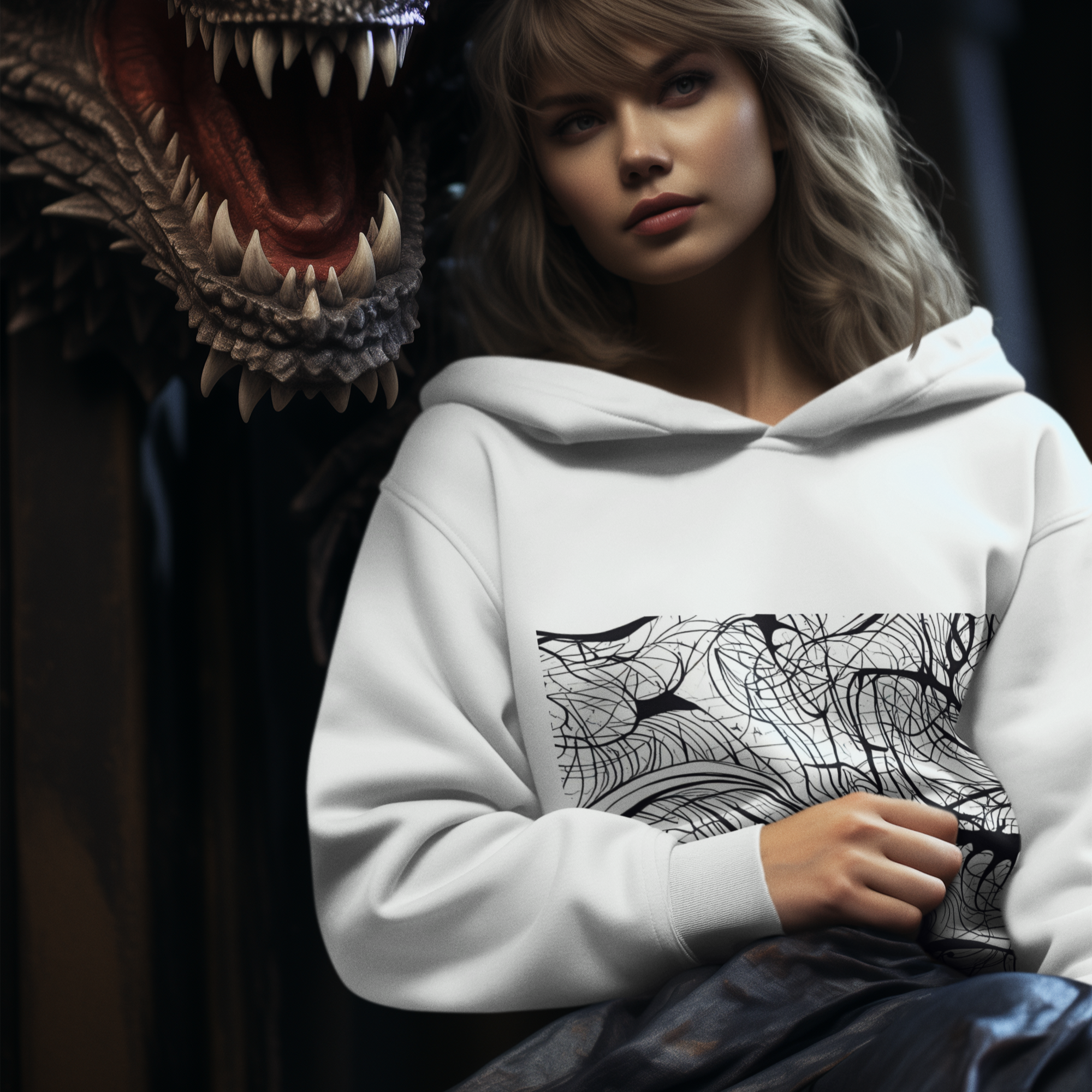 K#520 - Neural Flow Hoodie – Digitale Linienkunst in Schwarzweiß | Kirrify
