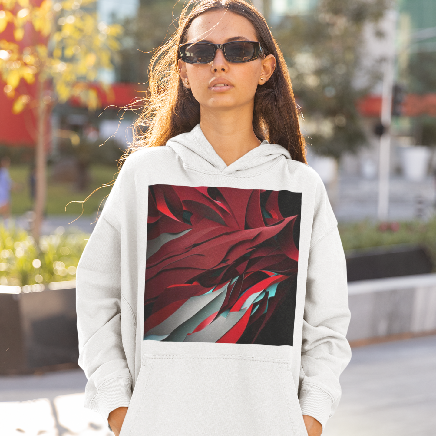 K#525 - Crimson Flow Hoodie – Abstrakte Bewegung in Rot | Kirrify