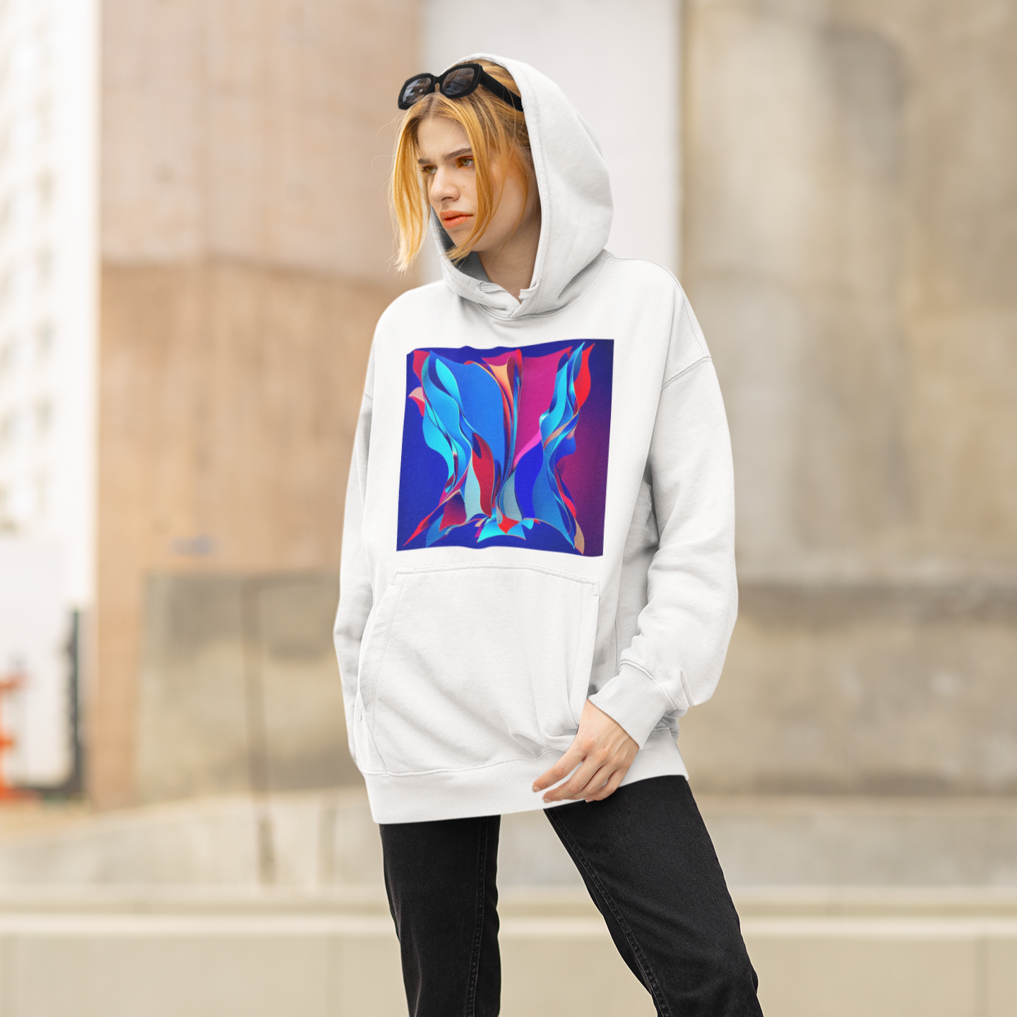K#526 - Ocean Flame Hoodie – Farbige Bewegung in Blau & Magenta | Kirrify