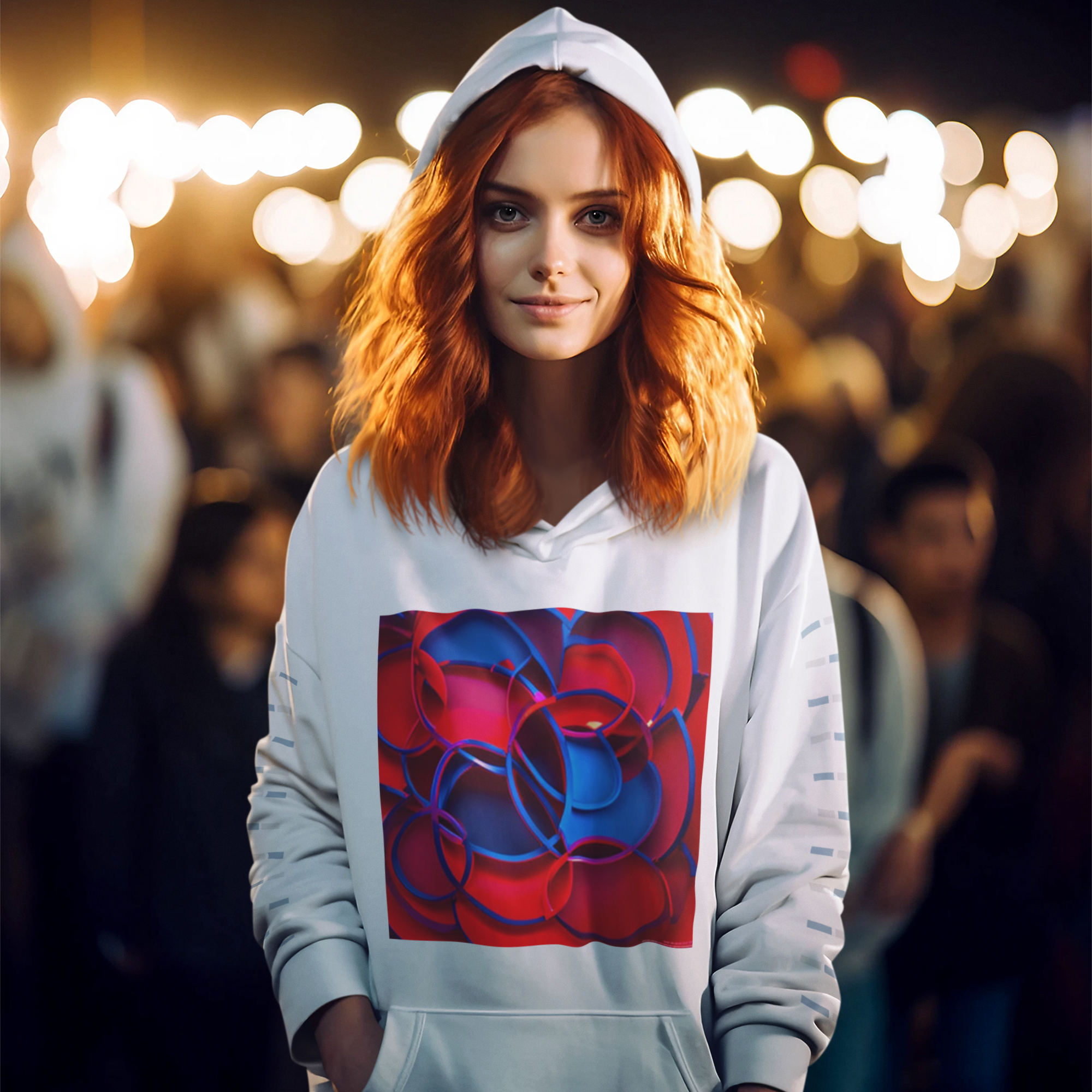 K#527 - Fusion Circle Hoodie – Kunstvolle Formen in Rot & Blau | Kirrify