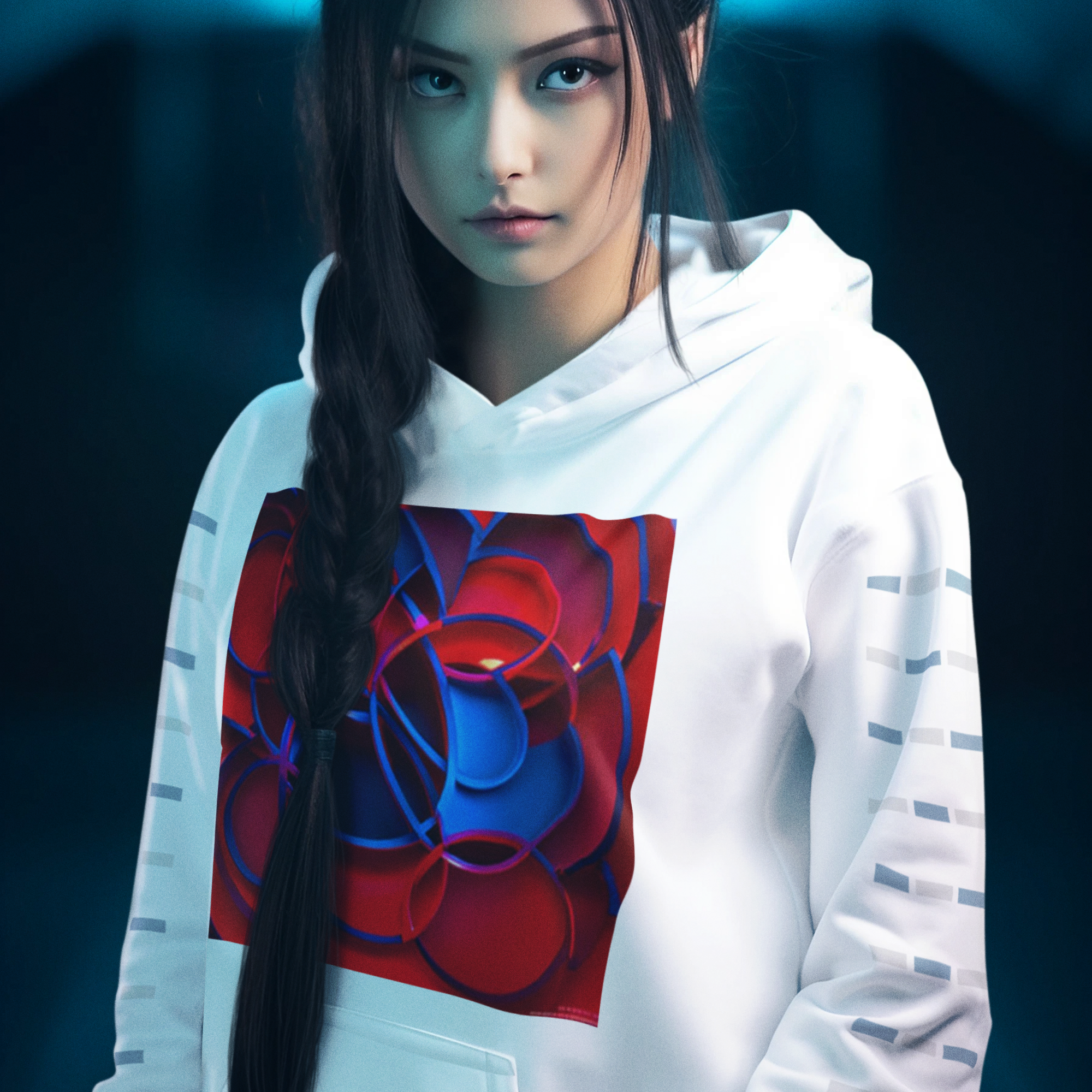 K#527 - Fusion Circle Hoodie – Kunstvolle Formen in Rot & Blau | Kirrify