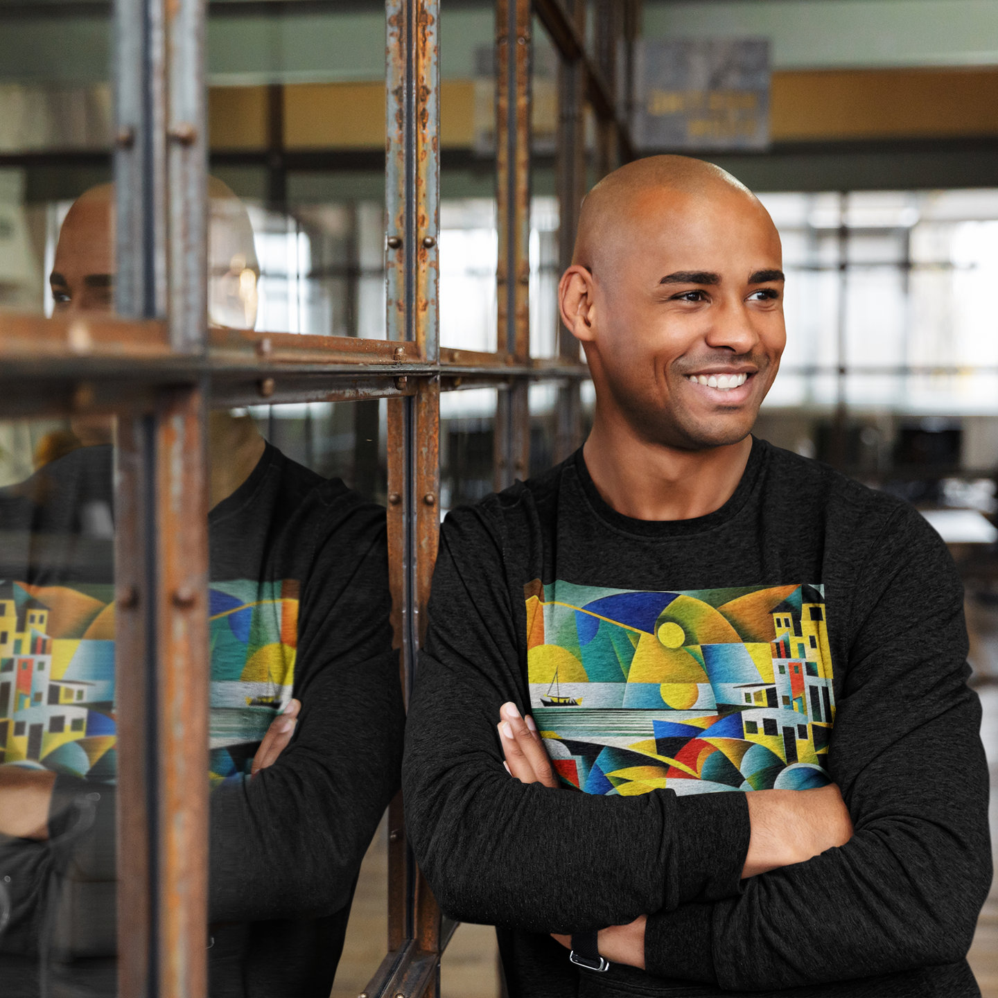 K#425 - Cubist Coast Sweatshirt – Moderne Kunst mit mediterranem Flair | Kirrify