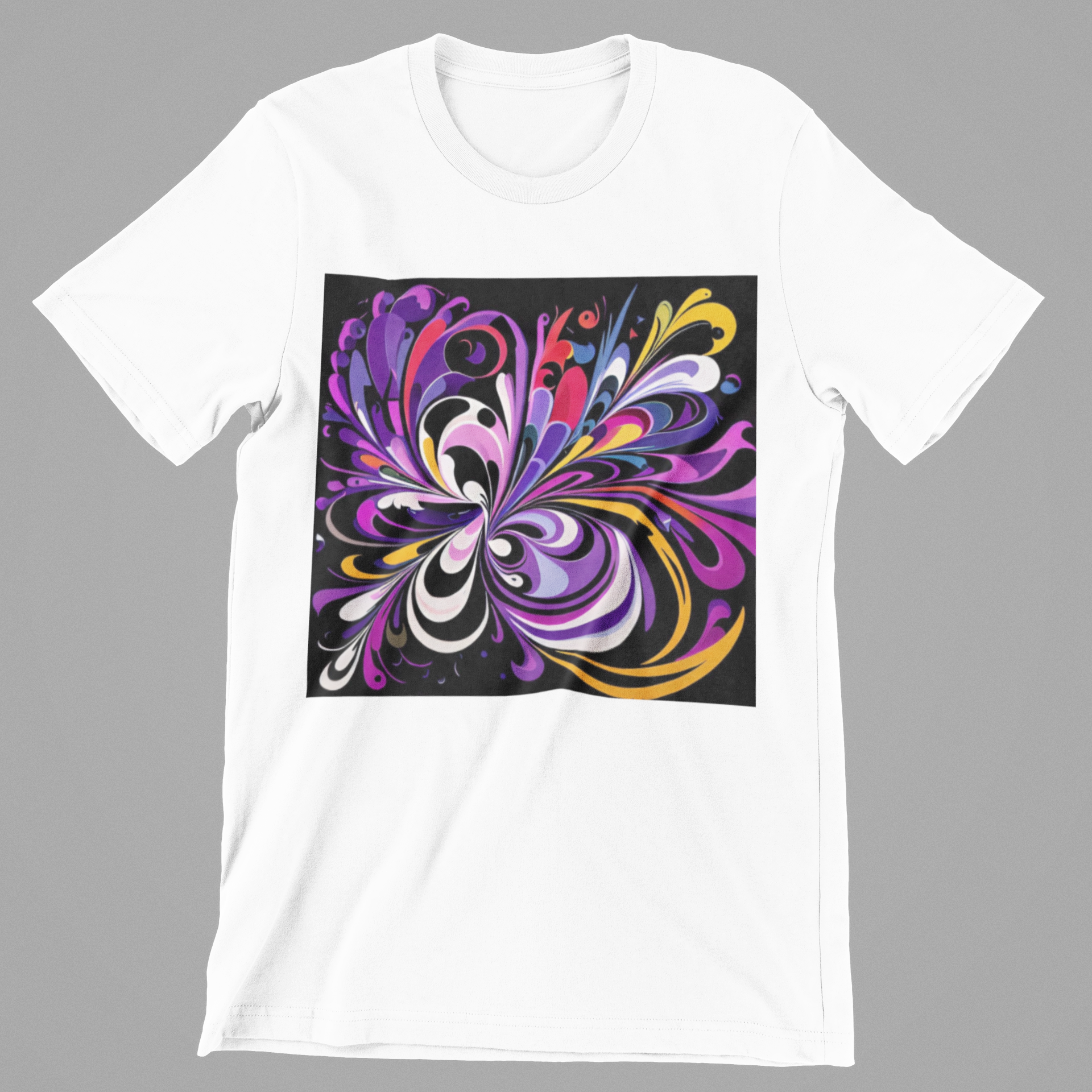 K#193 - Unisex Streetstyle T-Shirt mit violettem Wirbelmuster – Oversized Look für Trendsetter