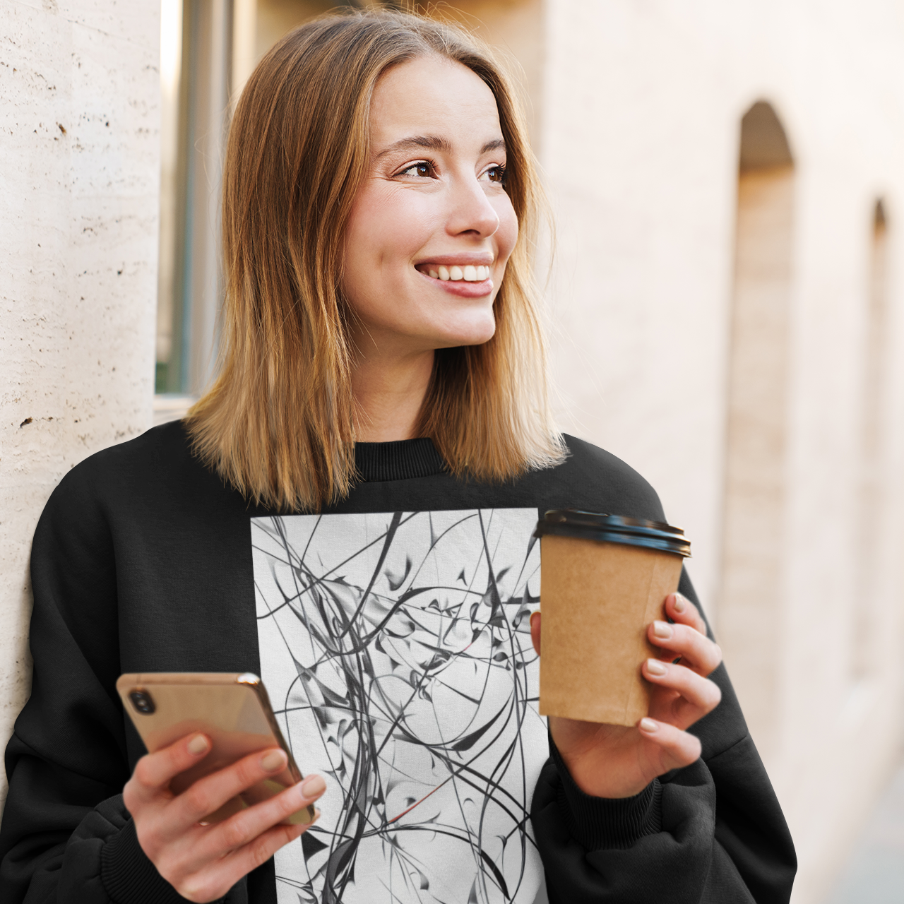K#412 - Line Energy Sweatshirt – Ausdrucksstarke Linienkunst in Schwarz-Weiß | Kirrify