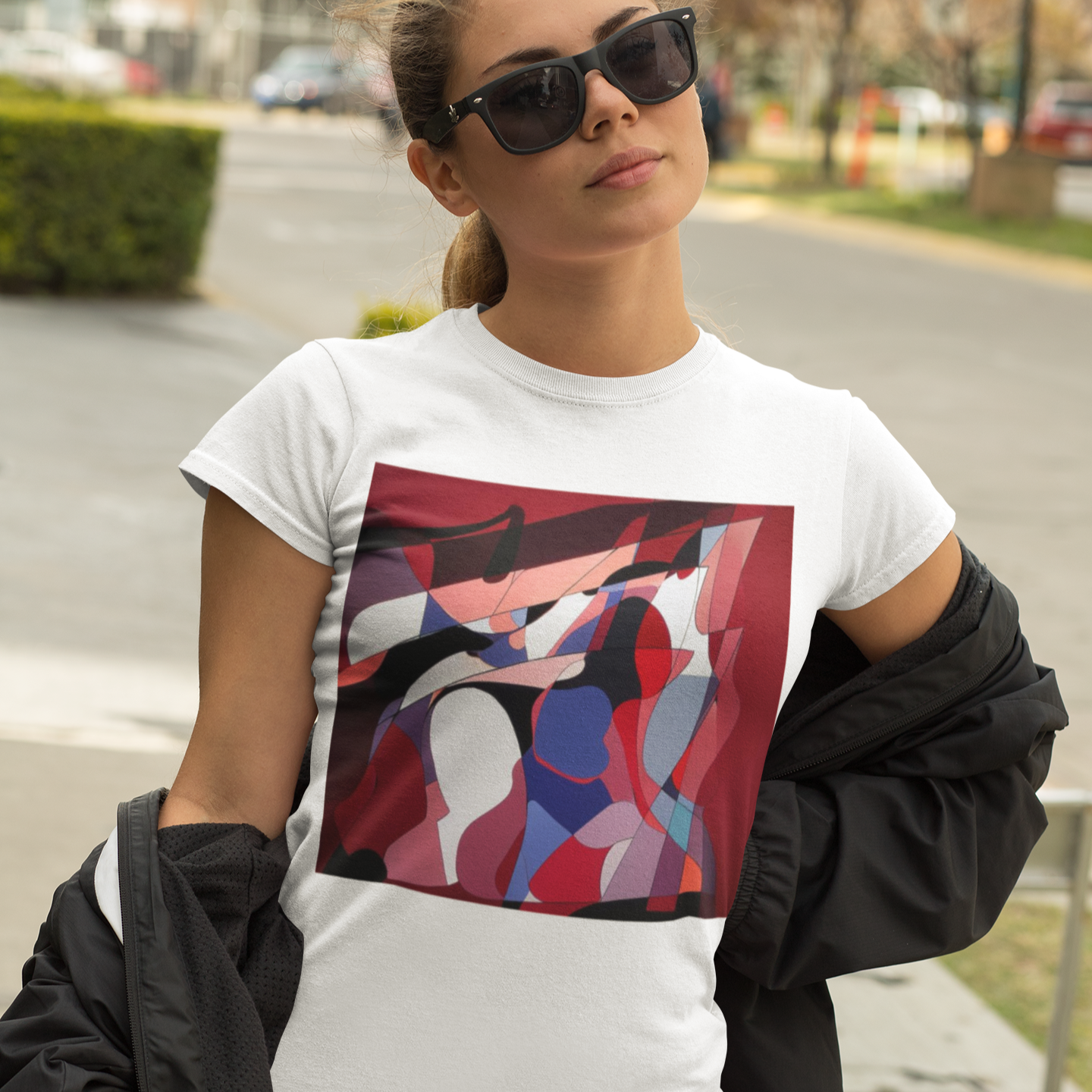 K#150  - Crimson Layers T-Shirt – Abstrakte Tiefe in Rot & Bewegung | Kirrify