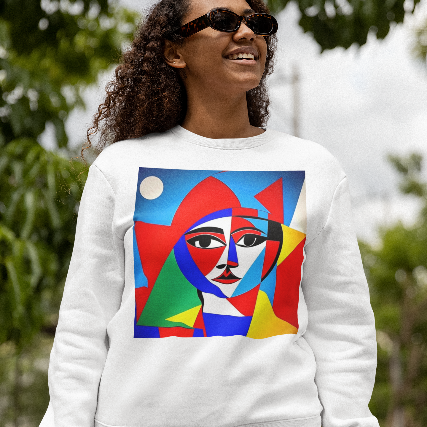 K#419 - Cubist Muse Sweatshirt – Abstraktes Gesichterdesign in Primärfarben | Kirrify