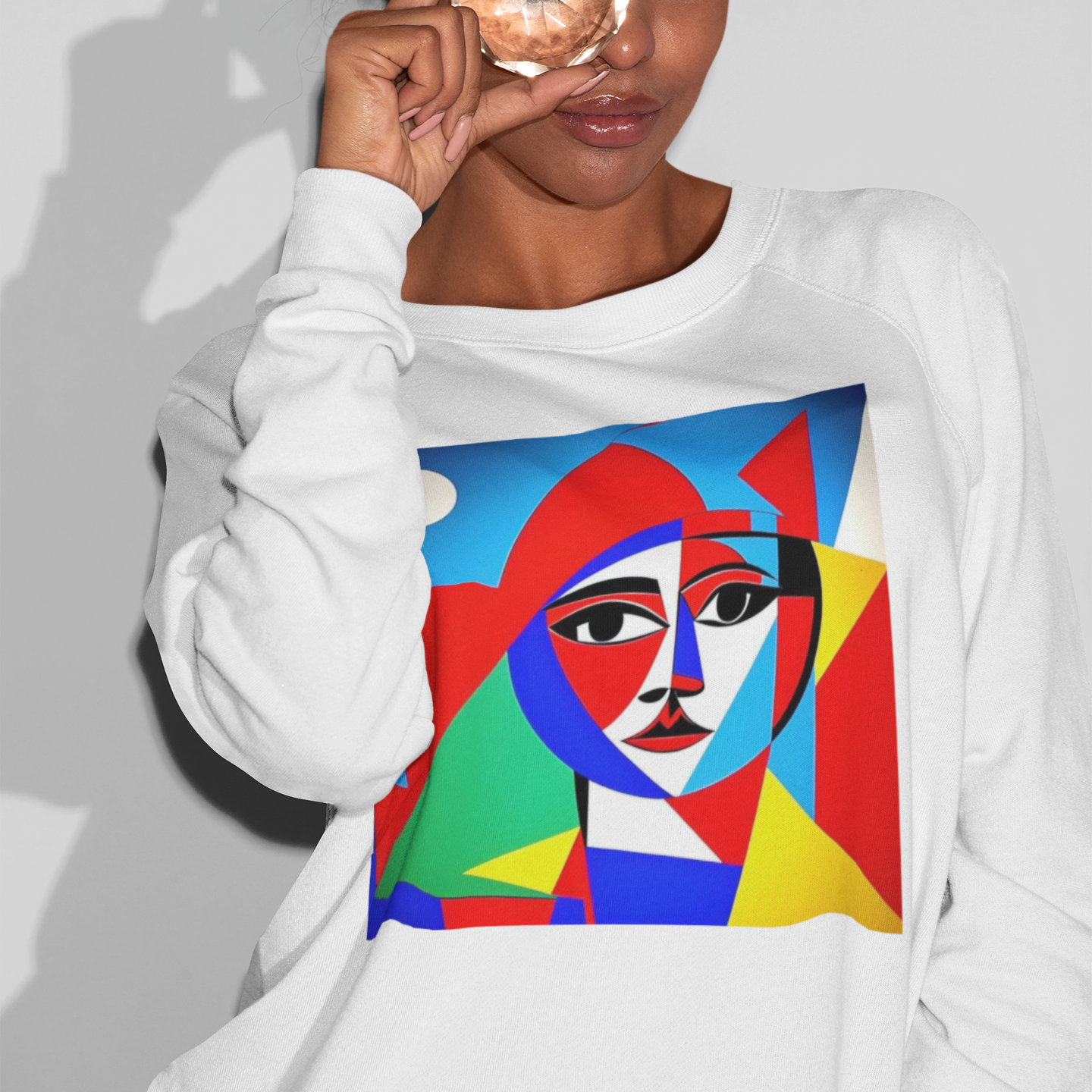 K#419 - Cubist Muse Sweatshirt – Abstraktes Gesichterdesign in Primärfarben | Kirrify