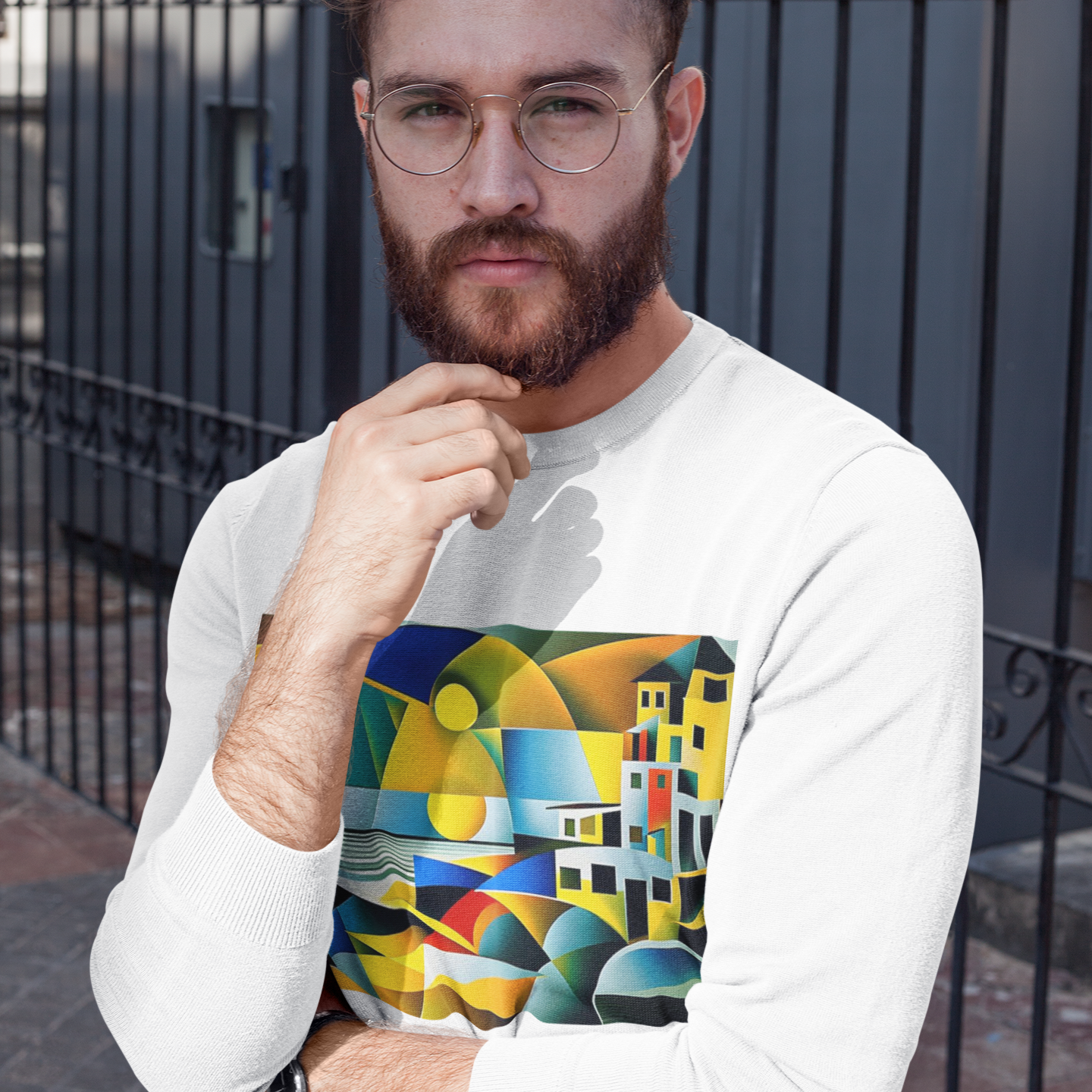 K#425 - Cubist Coast Sweatshirt – Moderne Kunst mit mediterranem Flair | Kirrify