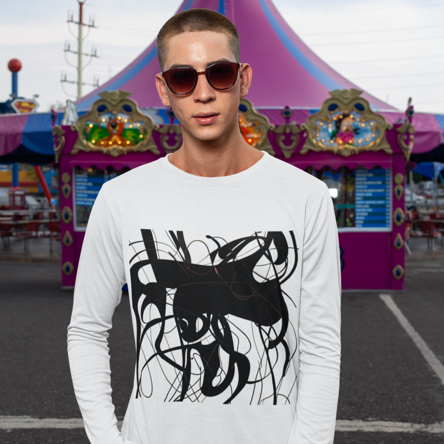 K#438 - Chaos Line Longsleeve – Abstrakte Linienkunst in Schwarz-Weiß | Kirrify