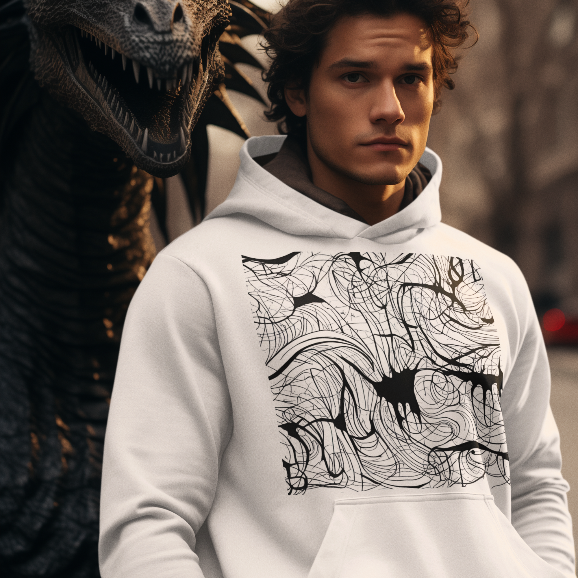 K#520 - Neural Flow Hoodie – Digitale Linienkunst in Schwarzweiß | Kirrify