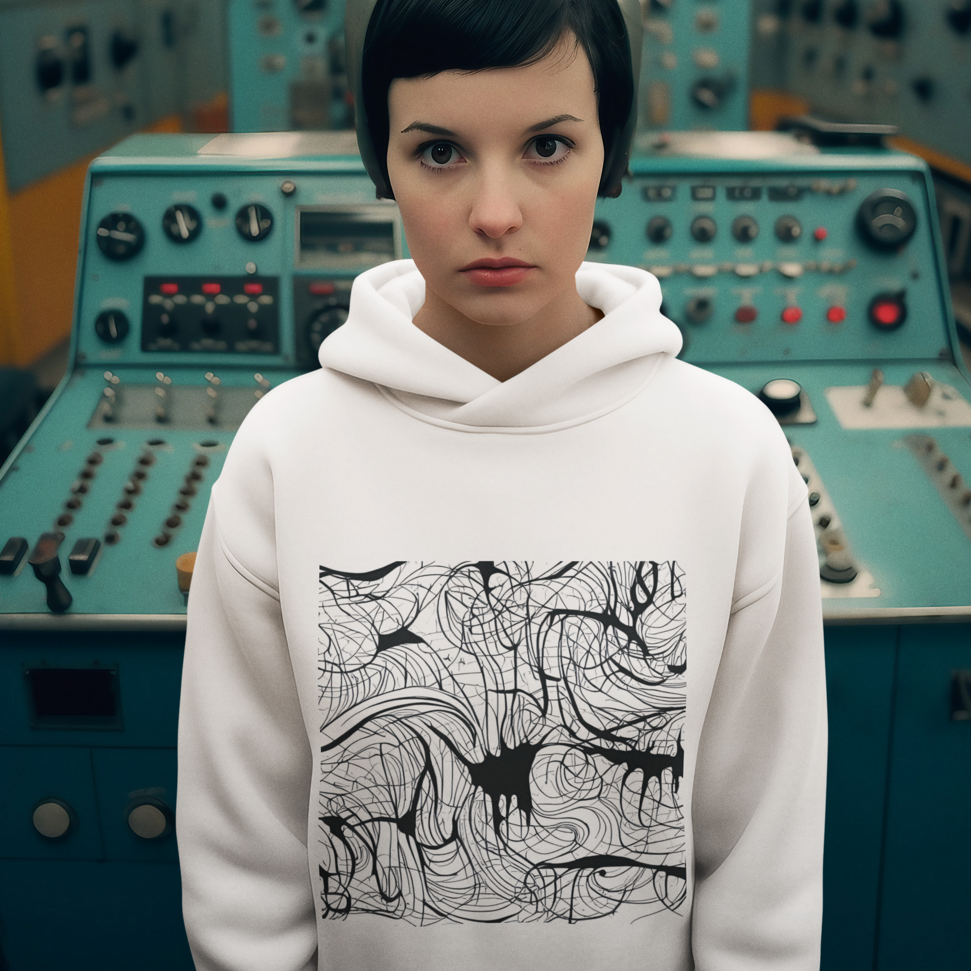 K#520 - Neural Flow Hoodie – Digitale Linienkunst in Schwarzweiß | Kirrify