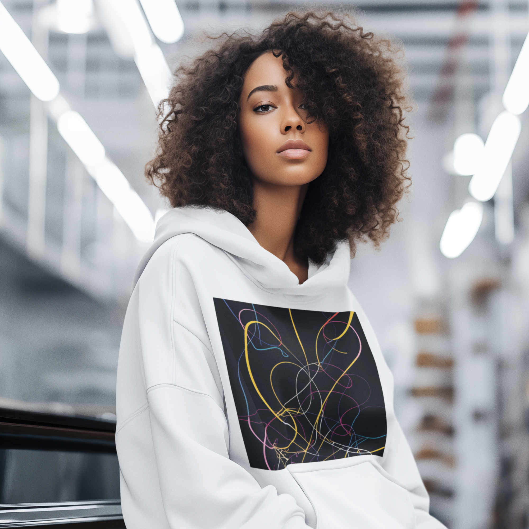 K#521 - Neon Lines Hoodie – Farbige Energie auf Schwarz | Kirrify