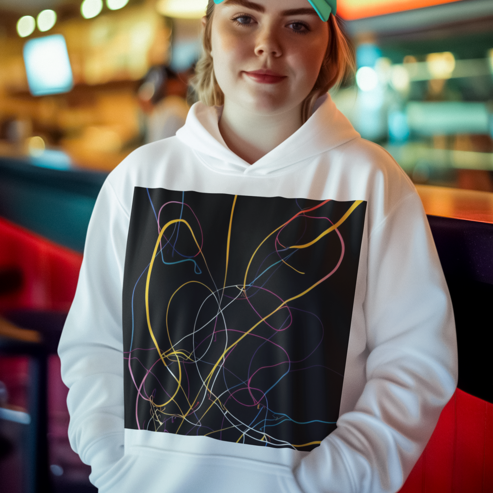 K#521 - Neon Lines Hoodie – Farbige Energie auf Schwarz | Kirrify