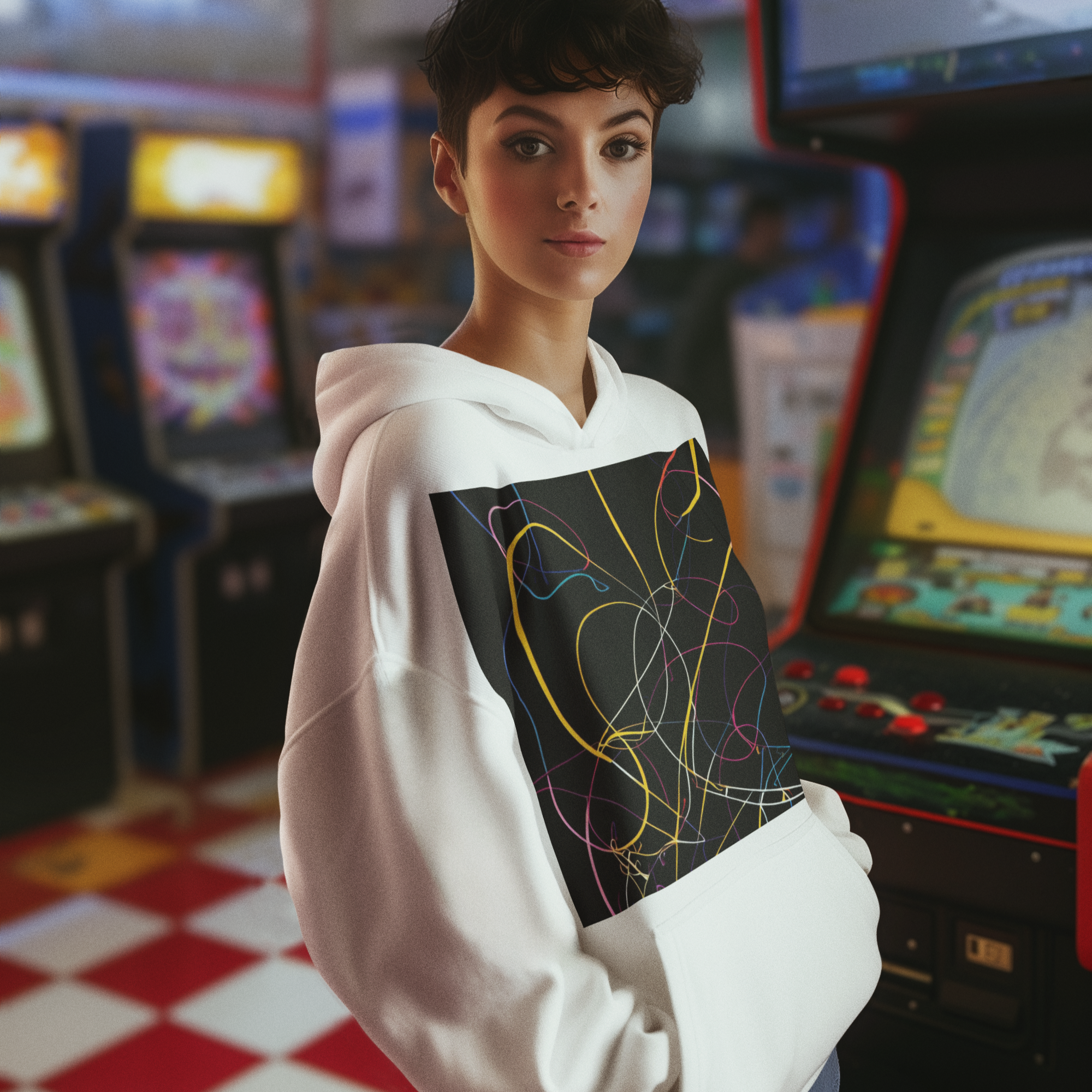 K#521 - Neon Lines Hoodie – Farbige Energie auf Schwarz | Kirrify