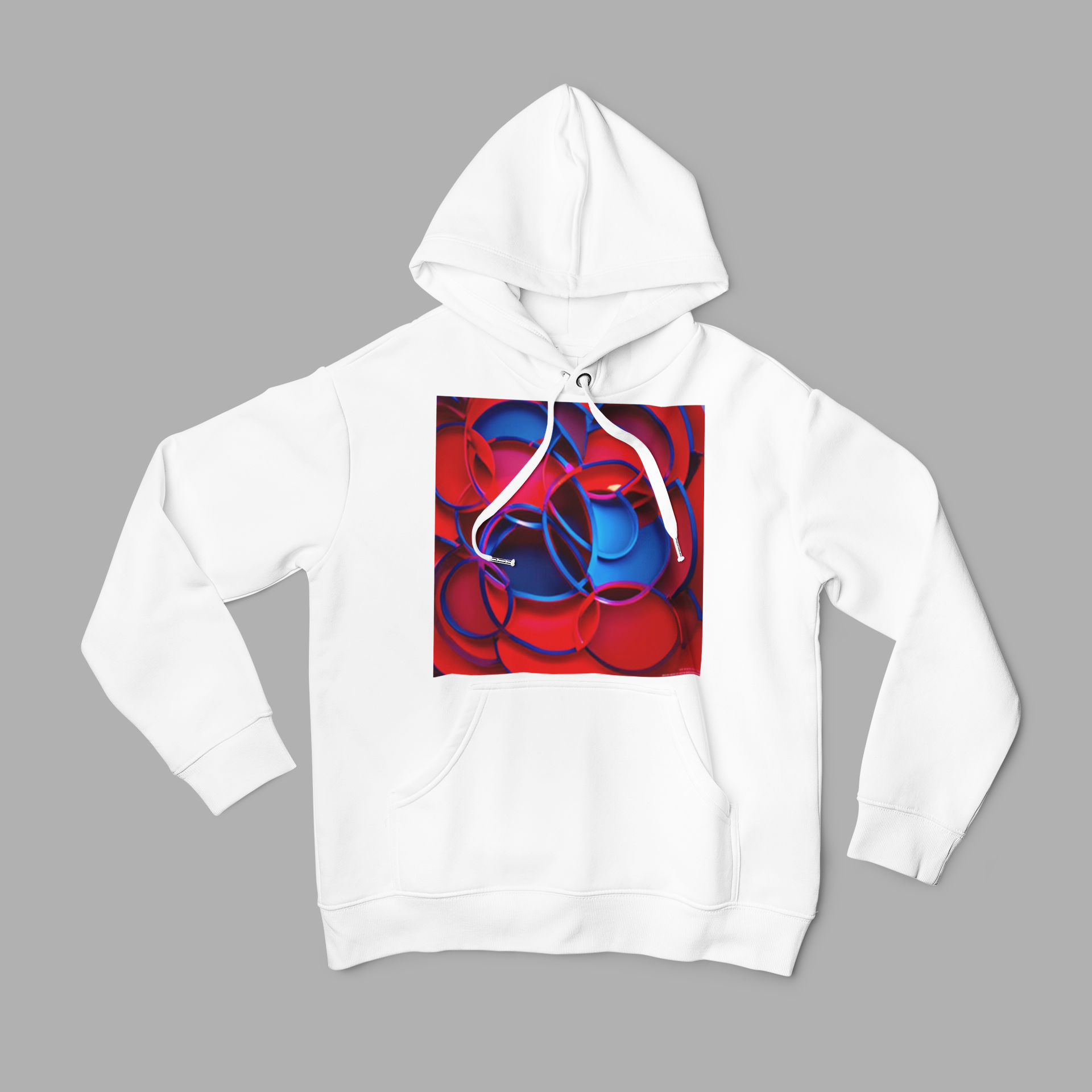 K#527 - Fusion Circle Hoodie – Kunstvolle Formen in Rot & Blau | Kirrify