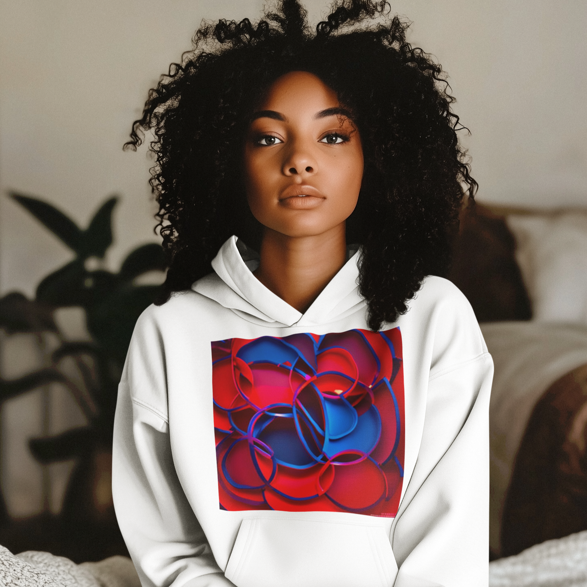 K#527 - Fusion Circle Hoodie – Kunstvolle Formen in Rot & Blau | Kirrify