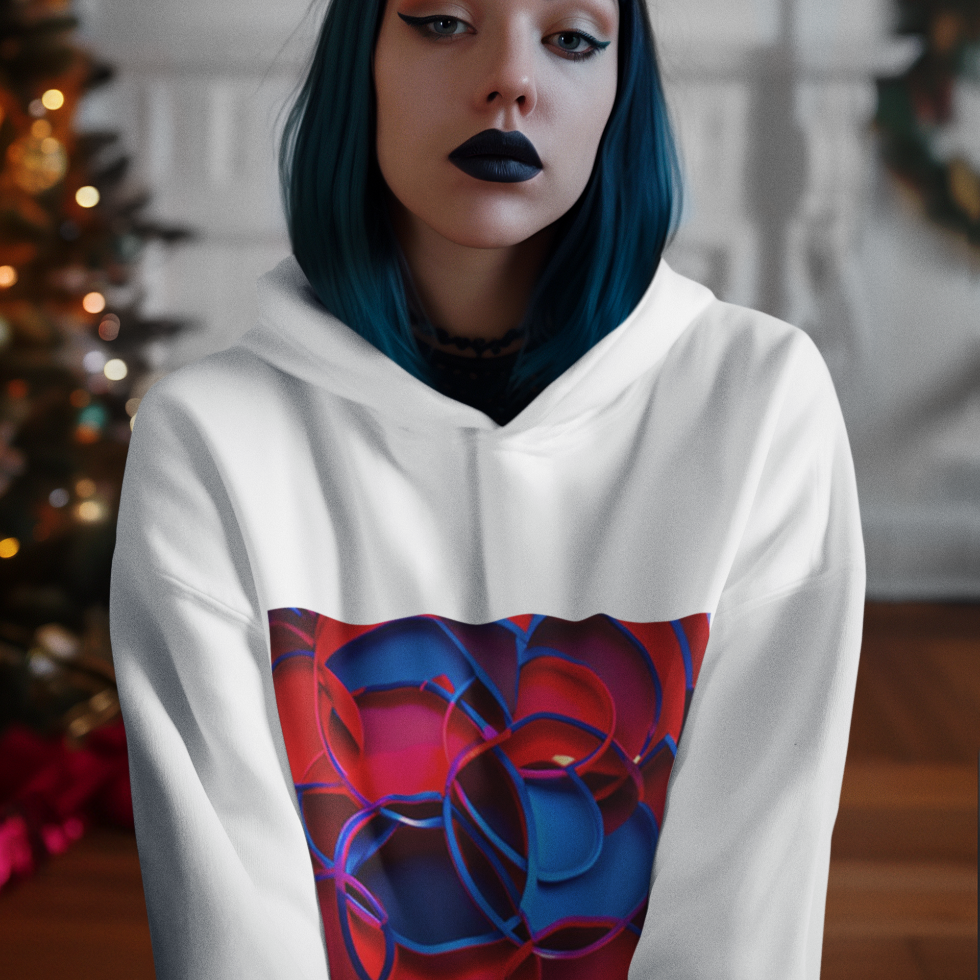 K#527 - Fusion Circle Hoodie – Kunstvolle Formen in Rot & Blau | Kirrify