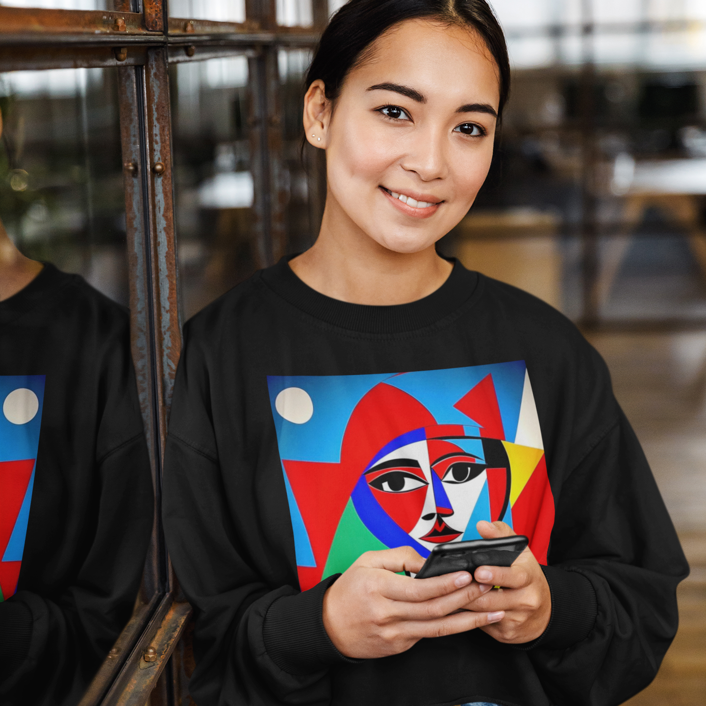 K#419 - Cubist Muse Sweatshirt – Abstraktes Gesichterdesign in Primärfarben | Kirrify