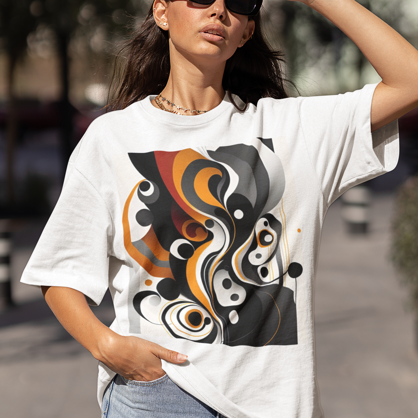 K#183 - Unisex Oversized T-Shirt mit Retro-Grafik – Urban Streetstyle in Orange & Grau